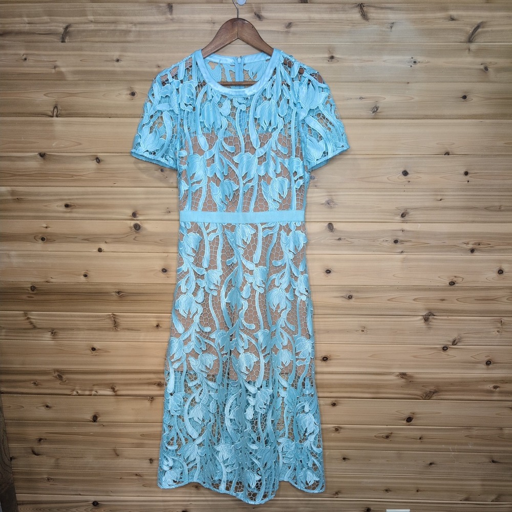 Self-Portrait Light Blue Guipure Floral Lace Midi Dress US 8 Short Sleeve